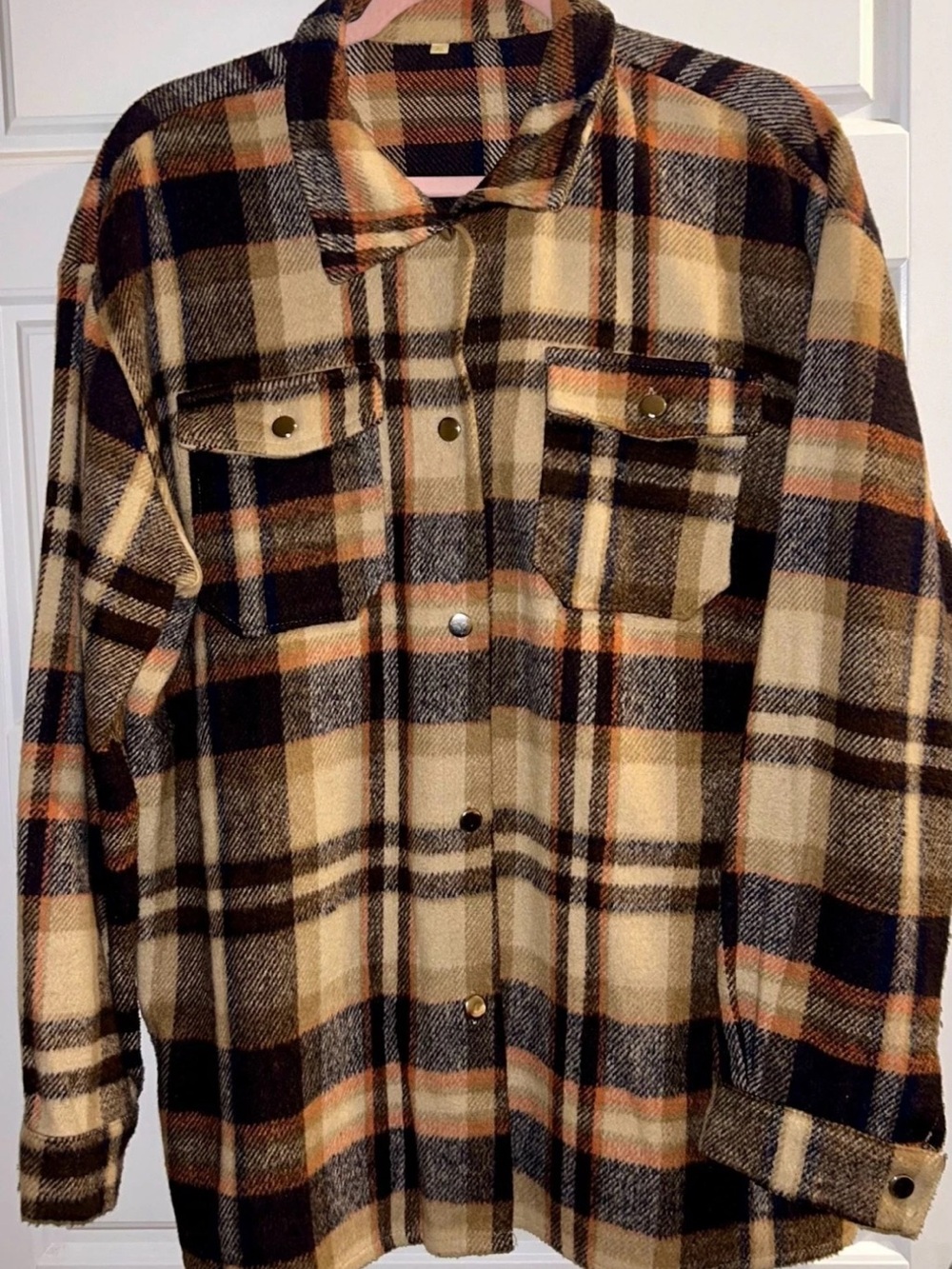 Woman’s Plaid Button-Up Shacket Jacket - Beige, Brown & Black